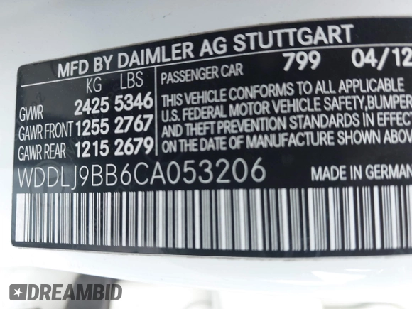 2012 Mercedes-Benz CLS 550 with VIN WDDLJ9BB6CA053206, listed as a IAAI auction lot 42368101 with 110,514 mi miles and . Bid and sale history available at DreamBid. Image 9.