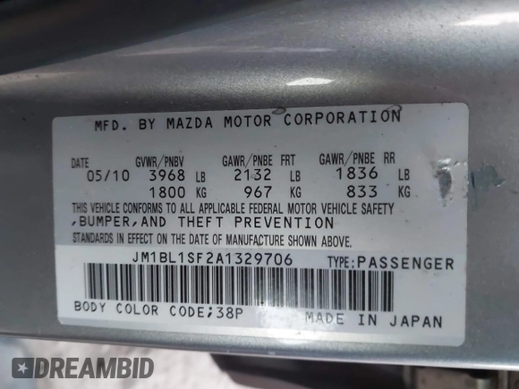2010 Mazda 3 i Sport with VIN JM1BL1SF2A1329706, listed as a IAAI auction lot 42045704 with 166,874 mi miles and . Bid and sale history available at DreamBid. Image 9.