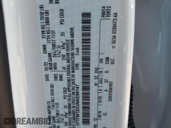 2022 Ford F-150 XL z VIN 1FTFW1E53NKE99147, wystawiony jako Copart lot #60621955 z przebiegiem 37 007 mil mil oraz Szkoda całkowita • Salvage title. Historia ofert i sprzedaży dostępna na DreamBid. Obrazek 12.