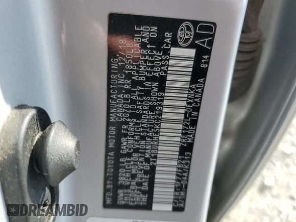 2019 Toyota Corolla L z VIN 2T1BURHE5KC219319, wystawiony jako Copart lot #54297135 z przebiegiem 68 876 mil mil oraz Szkoda całkowita • Salvage title. Historia ofert i sprzedaży dostępna na DreamBid. Obrazek 12.