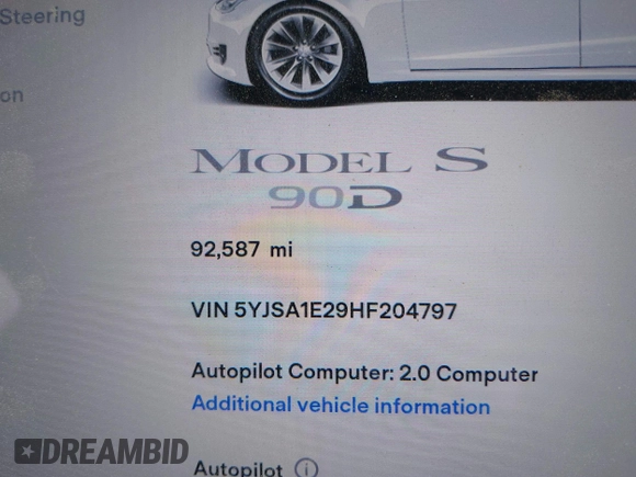2017 Tesla Model S 100D z VIN 5YJSA1E29HF204797, wystawiony jako IAAI lot #41760296 z przebiegiem 92 587 mil mil oraz . Historia ofert i sprzedaży dostępna na DreamBid. Obrazek 7.