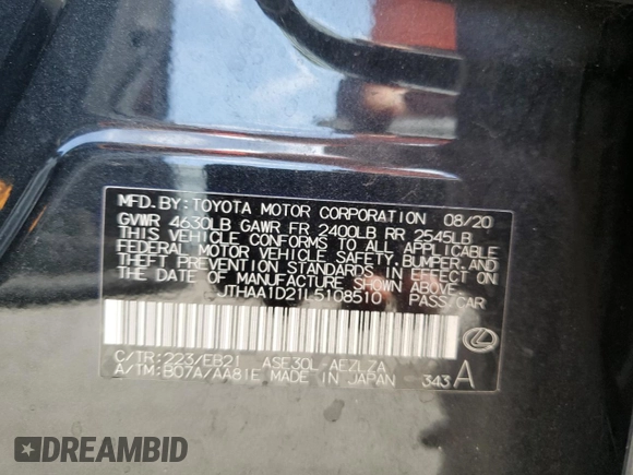2020 Lexus IS 300 with VIN JTHAA1D21L5108510, listed as a Copart auction lot 56178025 with 57,239 mi miles and Non repairable. Bid and sale history available at DreamBid. Image 12.