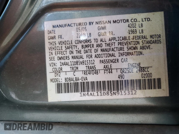 2005 Nissan Altima 2.5 z VIN 1N4AL11D85N915312, wystawiony jako Copart lot #53000405 z przebiegiem 139 675 mil mil oraz Szkoda całkowita • Salvage title. Historia ofert i sprzedaży dostępna na DreamBid. Obrazek 12.