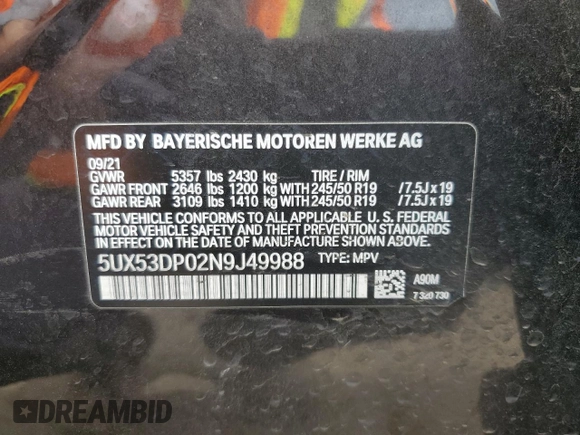 2022 BMW X3 xDrive30i with VIN 5UX53DP02N9J49988, listed as a Copart auction lot 52030915 with 32,916 mi miles and Salvage Title. Bid and sale history available at DreamBid. Image 14.