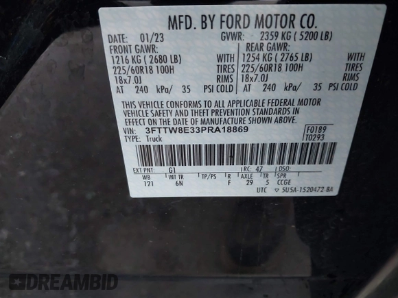 2023 Ford Maverick XL z VIN 3FTTW8E33PRA18869, wystawiony jako IAAI lot #40997882 z przebiegiem 47 171 mil mil oraz . Historia ofert i sprzedaży dostępna na DreamBid. Obrazek 9.