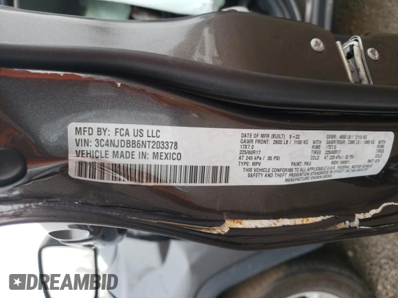 2022 Jeep Compass North with VIN 3C4NJDBB6NT203378, listed as a Copart auction lot 83439544 with 17,014 mi miles and Salvage Title. Bid and sale history available at DreamBid. Image 14.