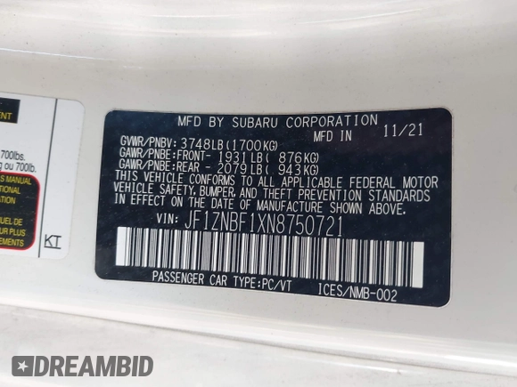 2022 Toyota 86 Premium with VIN JF1ZNBF1XN8750721, listed as a IAAI auction lot 42238409 with 37,379 mi miles and . Bid and sale history available at DreamBid. Image 9.