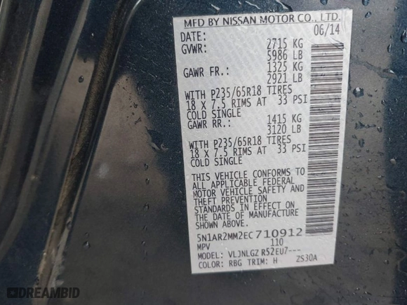 2014 Nissan Pathfinder SL with VIN 5N1AR2MM2EC710912, listed as a IAAI auction lot 41694524 with 189,608 mi miles. Bid and sale history available at carsss.com. Image 9.