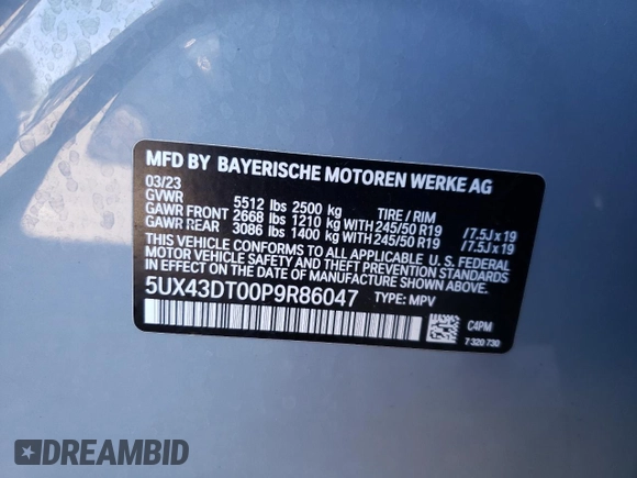 2023 BMW X4 M40i with VIN 5UX43DT00P9R86047, listed as a Copart auction lot 47321295 with 21,640 mi miles and Salvage title. Bid and sale history available at DreamBid. Image 13.