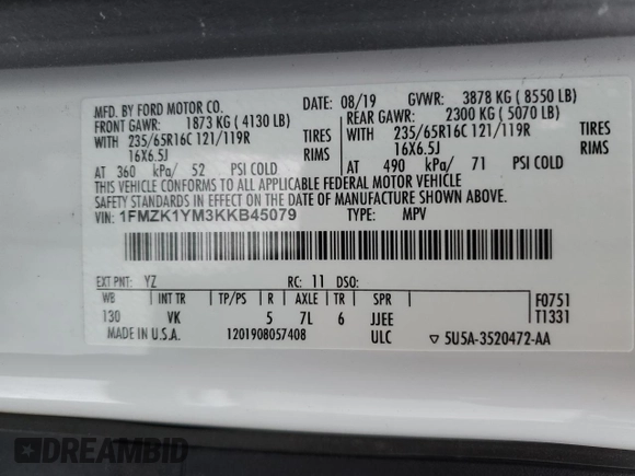 2019 Ford Transit XL z VIN 1FMZK1YM3KKB45079, wystawiony jako Copart lot #43816445 z przebiegiem 43 180 mil mil oraz Szkoda całkowita • Salvage title. Historia ofert i sprzedaży dostępna na DreamBid. Obrazek 13.