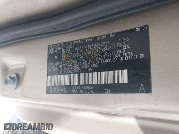 2006 Toyota Sequoia SR5 with VIN 5TDBT44A06S260270, listed as a IAAI auction lot 41610989 with 217,526 mi miles and . Bid and sale history available at DreamBid. Image 9.