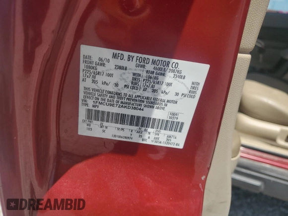2010 Ford Escape Limited with VIN 1FMCU9E72AKD38044, listed as a Copart auction lot 55835725 with 231,092 mi miles and Salvage title. Bid and sale history available at DreamBid. Image 14.
