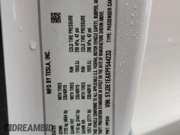 2023 Tesla Model 3 with VIN 5YJ3E1EAXPF544233, listed as a Copart auction lot 44790245 with 32,098 mi miles and Salvage title. Bid and sale history available at DreamBid. Image 14.