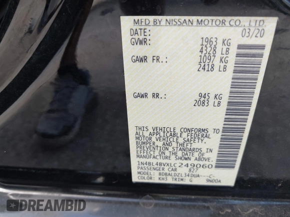 2020 Nissan Altima 2.5 S with VIN 1N4BL4BVXLC249060, listed as a IAAI auction lot 40719831 with 94,731 mi miles and . Bid and sale history available at carsss.com. Image 9.