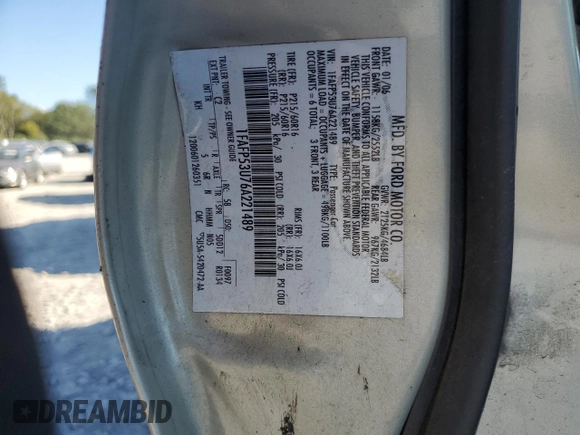 2006 Ford Taurus SE с VIN 1FAFP53U76A221489, выставлен на аукционе Copart как лот 72615374 с пробегом Не указан миль и Списание • Salvage title. История ставок и продаж доступна на DreamBid. Изображение 13.