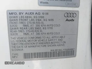 2007 Audi Q7 Premium with VIN WA1BY94L77D054967, listed as a IAAI auction lot 41618608 with 131,274 mi miles and . Bid and sale history available at DreamBid. Image 9.