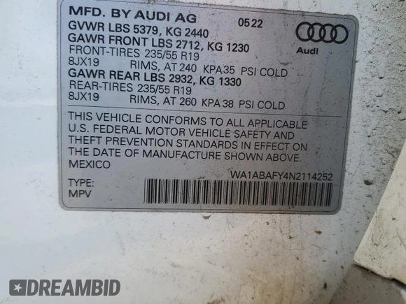 2022 Audi Q5 Premium with VIN WA1ABAFY4N2114252, listed as a Copart auction lot 87653595 with 21,361 mi miles and Salvage title. Bid and sale history available at DreamBid. Image 13.