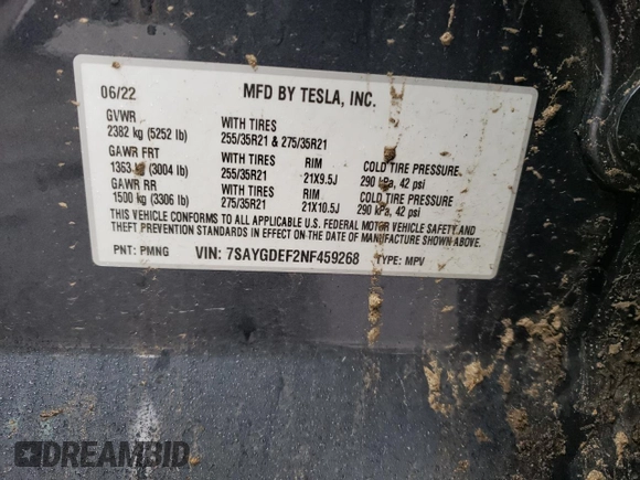 2022 Tesla Model Y Performance with VIN 7SAYGDEF2NF459268, listed as a Copart auction lot 45764735 with 64,421 mi miles and Salvage title. Bid and sale history available at DreamBid. Image 13.