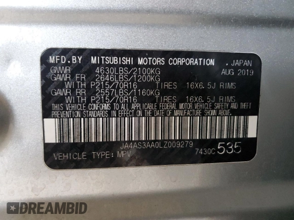 2020 Mitsubishi Eclipse Cross ES with VIN JA4AS3AA0LZ009279, listed as a Copart auction lot 46590065 with 156,859 mi miles and Salvage title. Bid and sale history available at DreamBid. Image 12.