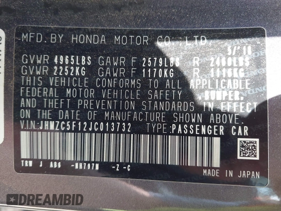 2018 Honda Clarity with VIN JHMZC5F12JC013732, listed as a IAAI auction lot 42157758 with 162,470 mi miles. Bid and sale history available at carsss.com. Image 9.