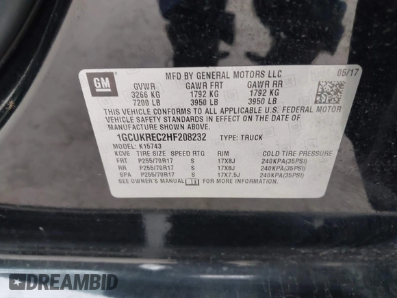 2017 Chevrolet Silverado 1500 LT with VIN 1GCUKREC2HF208232, listed as a IAAI auction lot 40933445 with 105,928 mi miles and . Bid and sale history available at DreamBid. Image 9.