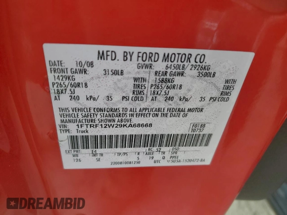 2009 Ford F-150 XL with VIN 1FTRF12W29KA68668, listed as a Copart auction lot 45887555 with 98,852 mi miles and Clean Title. Bid and sale history available at carsss.com. Image 12.