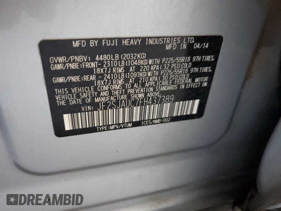 2015 Subaru Forester Touring with VIN JF2SJAUC7FH437389, listed as a Copart auction lot 62701025 with Not provided miles and Salvage title. Bid and sale history available at DreamBid. Image 12.
