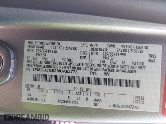 2021 Ford Escape SE with VIN 1FMCU0G62MUA62778, listed as a IAAI auction lot 41907984 with 37,118 mi miles and . Bid and sale history available at carsss.com. Image 9.
