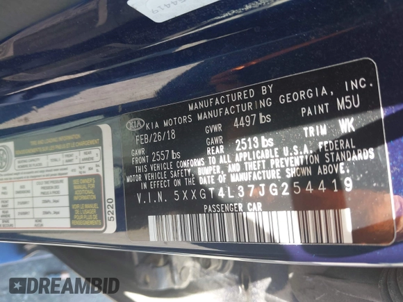2018 Kia Optima LX with VIN 5XXGT4L37JG254419, listed as a IAAI auction lot 42065713 with 155,868 mi miles and . Bid and sale history available at carsss.com. Image 9.