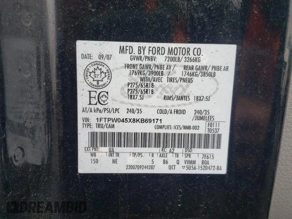 2008 Ford F-150 XLT z VIN 1FTPW045X8KB69171, wystawiony jako Copart lot #60268425 z przebiegiem 177 243 mil mil oraz Czysty tytuł • Clean title. Historia ofert i sprzedaży dostępna na DreamBid. Obrazek 12.