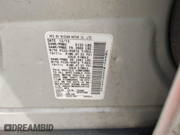 2013 Nissan Murano LE with VIN JN8AZ1MU9DW209158, listed as a IAAI auction lot 42169956 with 179,020 mi miles and . Bid and sale history available at carsss.com. Image 9.
