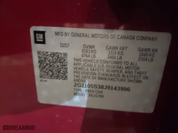 2018 Chevrolet Impala LT with VIN 2G1105S38J9143996, listed as a IAAI auction lot 41470445 with 58,451 mi miles. Bid and sale history available at carsss.com. Image 9.