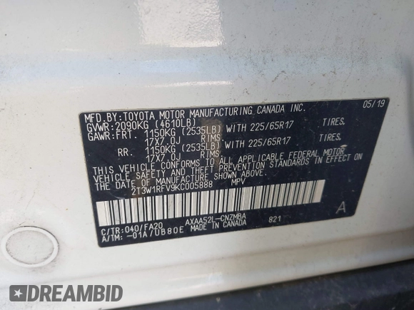 2019 Toyota RAV4 XLE with VIN 2T3W1RFV9KC005888, listed as a IAAI auction lot 41965679 with 155,974 mi miles. Bid and sale history available at carsss.com. Image 9.