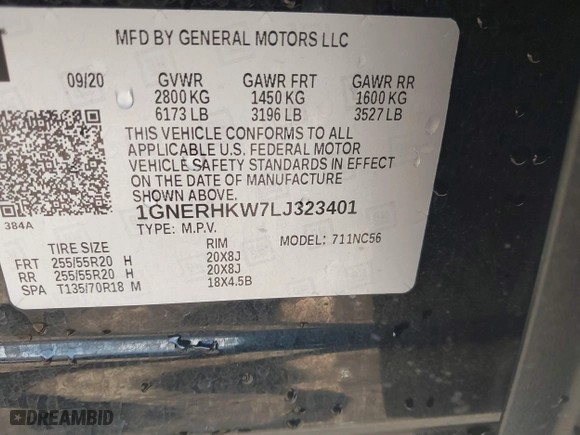 2020 Chevrolet Traverse LT Leather with VIN 1GNERHKW7LJ323401, listed as a IAAI auction lot 41781030 with 25,189 mi miles. Bid and sale history available at carsss.com. Image 9.