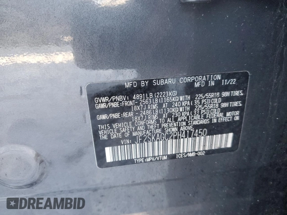 2023 Subaru Forester Sport with VIN JF2SKAGC2PH417450, listed as a Copart auction lot 44503355 with 37,931 mi miles and Salvage Title. Bid and sale history available at carsss.com. Image 13.