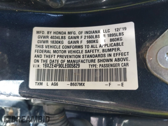 2020 Honda Insight Touring with VIN 19XZE4F90LE005829, listed as a IAAI auction lot 41531631 with 29,758 mi miles and . Bid and sale history available at carsss.com. Image 9.