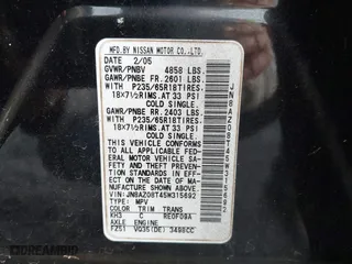 2005 Nissan Murano SL with VIN JN8AZ08T45W315692, listed as a IAAI auction lot 41662090 with 1 mi miles. Bid and sale history available at carsss.com. Image 9.