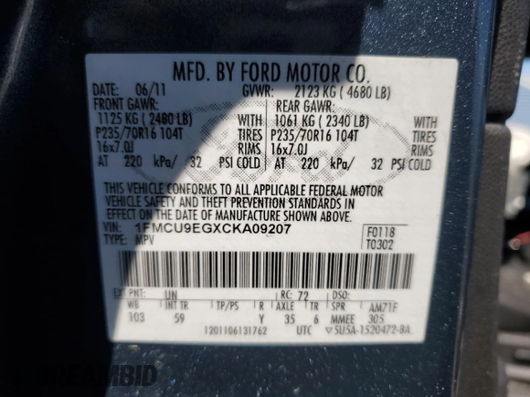 2012 Ford Escape Limited with VIN 1FMCU9EGXCKA09207, listed as a Copart auction lot 59110775 with 154,619 mi miles and Clean title. Bid and sale history available at DreamBid. Image 13.