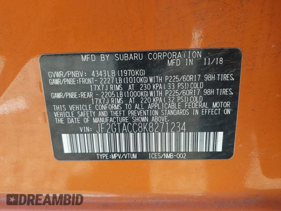 2019 Subaru Crosstrek Premium с VIN JF2GTACC8K8271234, выставлен на аукционе IAAI как лот 42122935 с пробегом 95 730 миль миль и . История ставок и продаж доступна на DreamBid. Изображение 9.