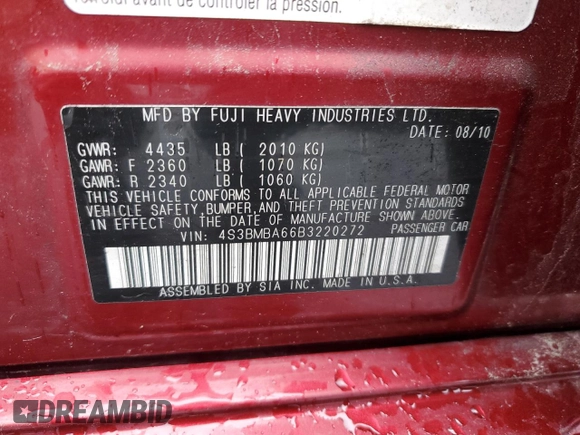 2011 Subaru Legacy 2.5i z VIN 4S3BMBA66B3220272, wystawiony jako Copart lot #57750905 z przebiegiem Nie podano mil oraz Szkoda całkowita • Salvage title. Historia ofert i sprzedaży dostępna na DreamBid. Obrazek 13.