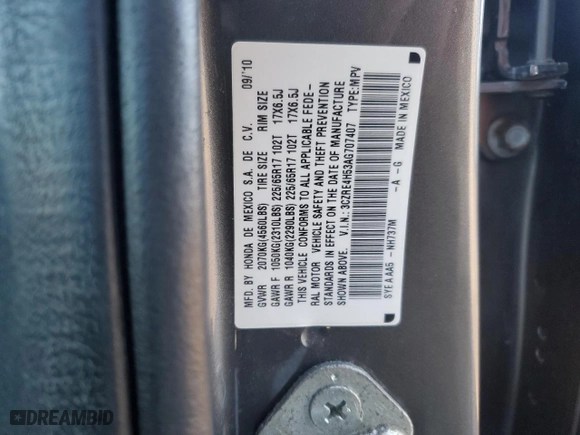2010 Honda CR-V EX with VIN 3CZRE4H53AG707407, listed as a Copart auction lot 49317015 with 102,813 mi miles and Salvage Title. Bid and sale history available at carsss.com. Image 14.