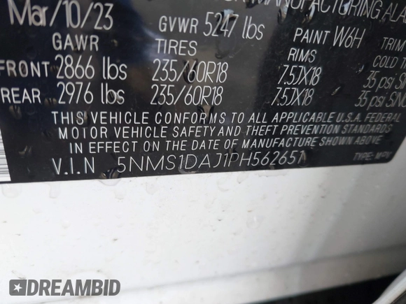 2023 Hyundai Santa Fe SE with VIN 5NMS1DAJ1PH562651, listed as a IAAI auction lot 41566367 with 34,881 mi miles. Bid and sale history available at carsss.com. Image 9.