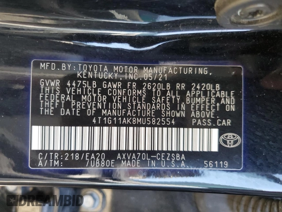 2021 Toyota Camry SE Nightshade with VIN 4T1G11AK8MU582554, listed as a Copart auction lot 50228315 with 65,662 mi miles and Salvage Title. Bid and sale history available at carsss.com. Image 14.