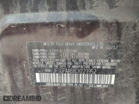 2012 Subaru Impreza 2.0i с VIN JF1GPAA68CH223952, выставлен на аукционе IAAI как лот 42228758 с пробегом 177 758 миль миль и . История ставок и продаж доступна на DreamBid. Изображение 9.