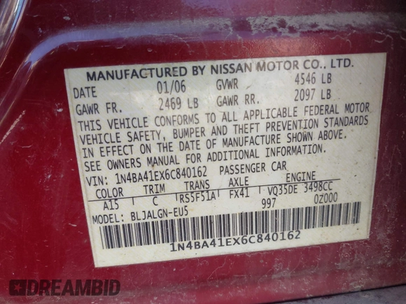 2006 Nissan Maxima 3.5 SE with VIN 1N4BA41EX6C840162, listed as a IAAI auction lot 41767023 with 172,217 mi miles. Bid and sale history available at carsss.com. Image 9.