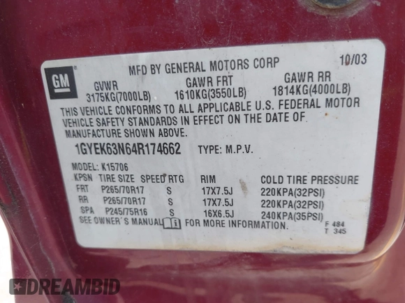 2004 Cadillac Escalade с VIN 1GYEK63N64R174662, выставлен на аукционе IAAI как лот 42442912 с пробегом 184 450 миль миль и . История ставок и продаж доступна на DreamBid. Изображение 9.