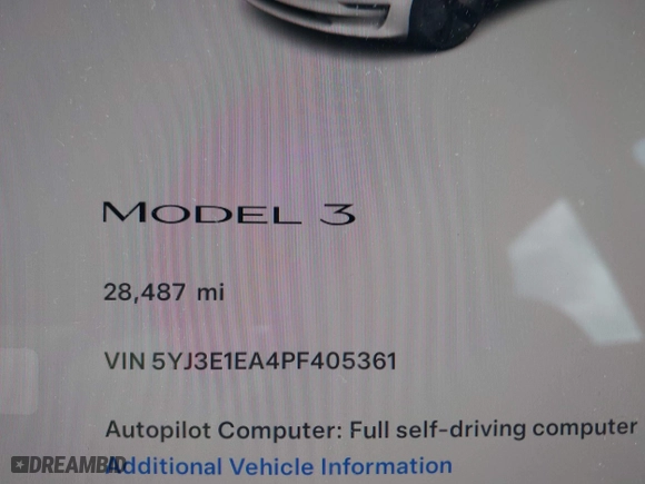 2023 Tesla Model 3 with VIN 5YJ3E1EA4PF405361, listed as a IAAI auction lot 41932723 with 28,487 mi miles. Bid and sale history available at carsss.com. Image 7.