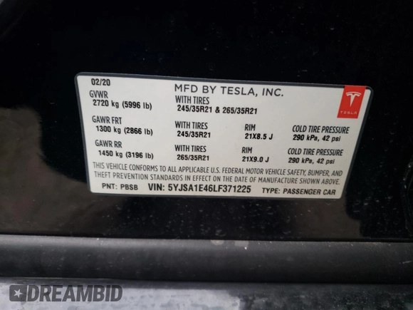 2020 Tesla Model S Performance with VIN 5YJSA1E46LF371225, listed as a Copart auction lot 86271744 with 20,045 mi miles and Salvage title. Bid and sale history available at DreamBid. Image 12.