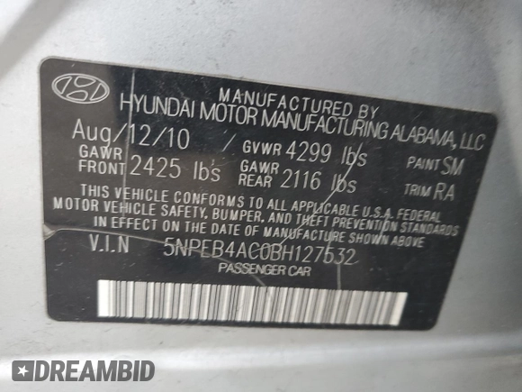 2011 Hyundai Sonata GLS with VIN 5NPEB4AC0BH127532, listed as a Copart auction lot 50073425 with 101,872 mi miles and Salvage Title. Bid and sale history available at carsss.com. Image 13.