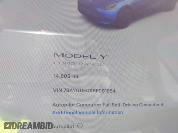 2024 Tesla Model Y с VIN 7SAYGDED9RF091854, выставлен на аукционе IAAI как лот 42382483 с пробегом 14 805 миль миль и . История ставок и продаж доступна на DreamBid. Изображение 7.